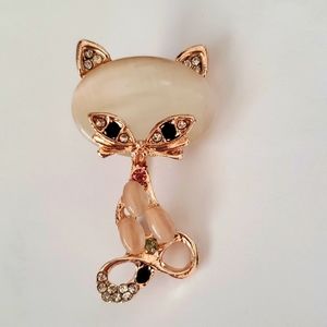 Moonstone Kitty Cat Jeweled Rhinestones Brooch